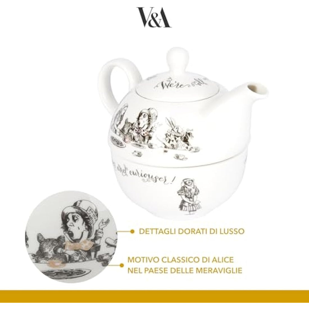 V&A Alice in Wonderland Tea for One Set - Fine China Teapot & Cup, 250ml