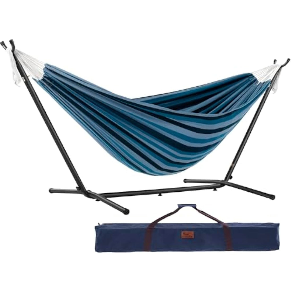 Vivere Double Cotton Hammock with Steel Stand - Blue Lagoon