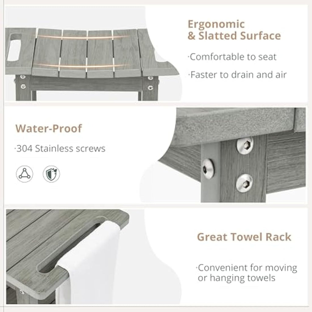 LUE BONA HDPS Shower Bench – Waterproof Bath Stool with Shelf, Grey
