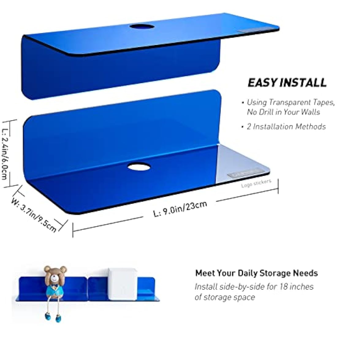 OAPRIRE Acrylic Floating Wall Shelves – No-Drill Small Shelf Set, Blue