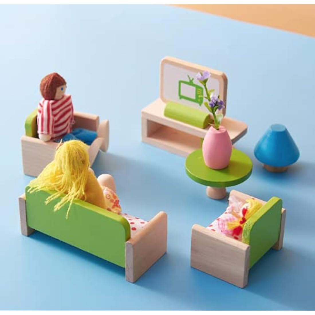 Wooden Dollhouse Furniture Set - 5 Rooms and 7 Dolls