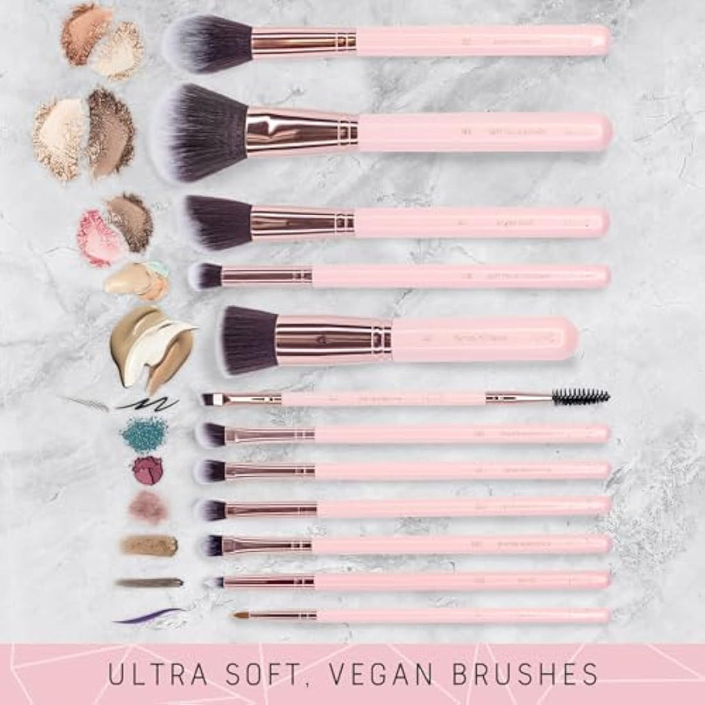 Niré Beauty 15-Piece Pink Makeup Brush Set with Case and Cleaner