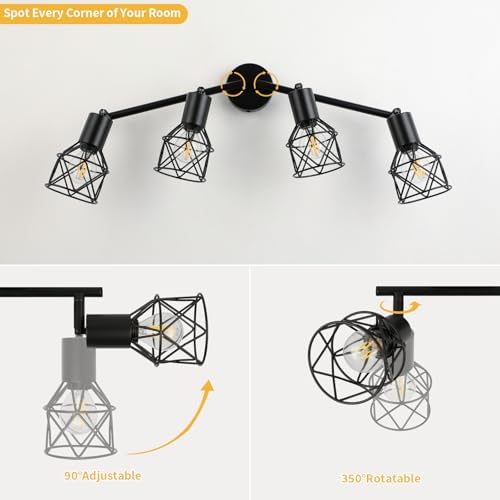FORCOSO 4-Way Industrial Ceiling Spotlight | Black Metal Wire Cage Lamp