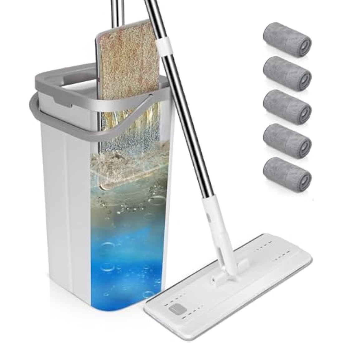 MASTERTOP Hands-Free Flat Mop and Bucket Set with 5 Microfibre Pads