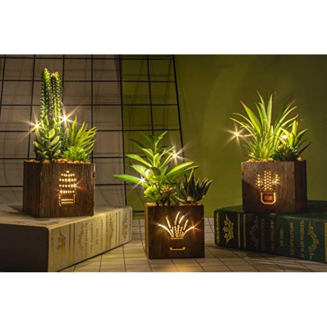 BEGONDIS Set of 3 Artificial Succulents with LED Lights in Wooden Box