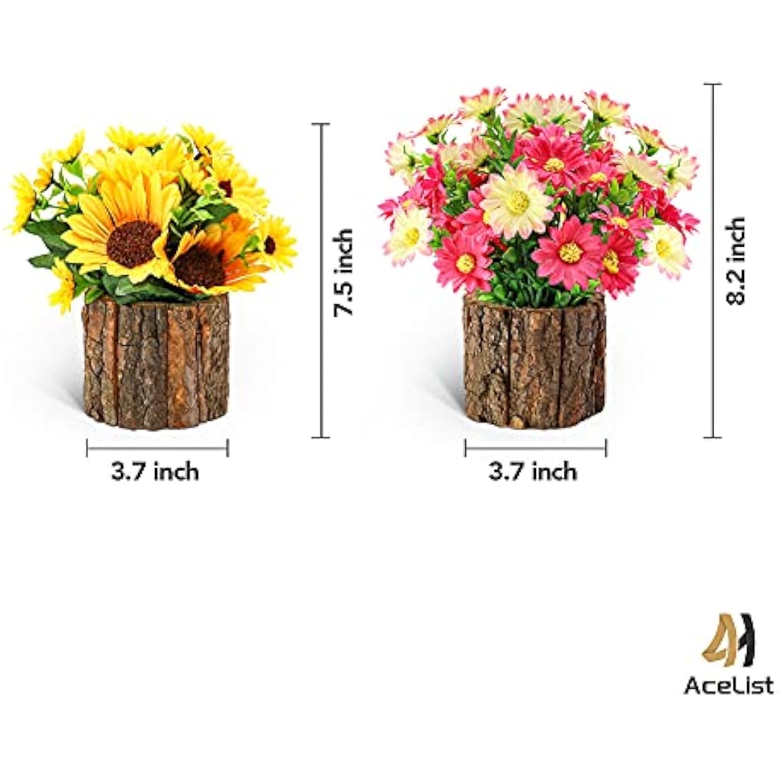 Artificial Sunflowers | Potted Fake Plants with Bark Pots