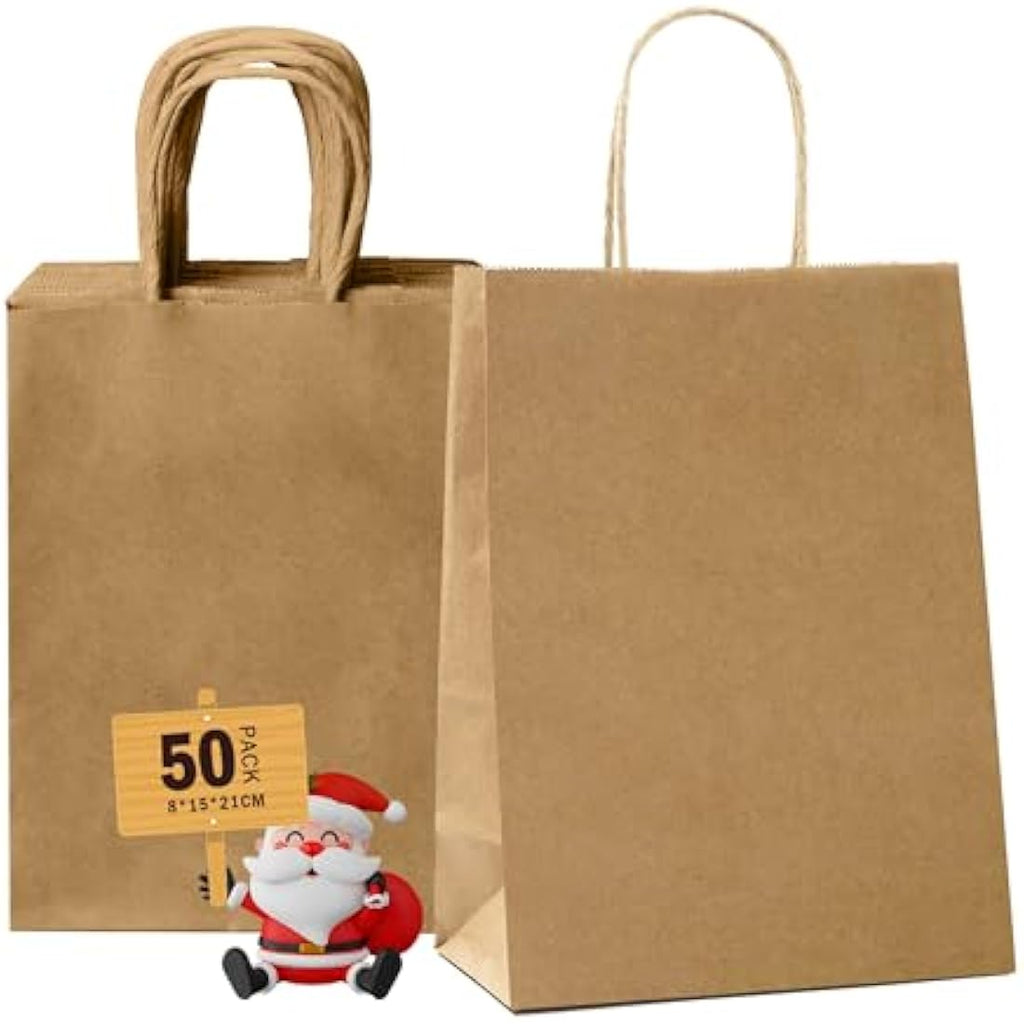 GIFTSAY Brown Kraft Paper Gift Bags with Handles - 50 Pack, 15x8x21cm