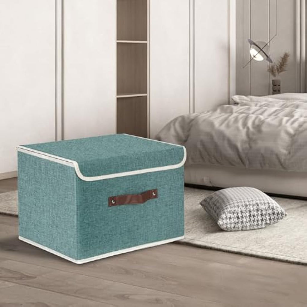 Jolof Store Fabric Collapsible Storage Boxes with Lids, Set of 3, Aqua