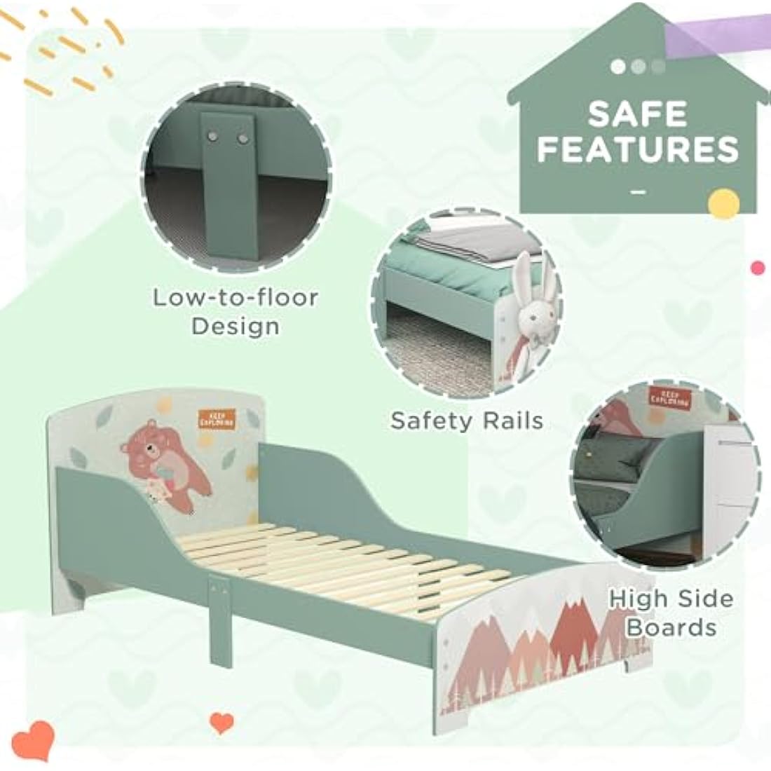 ZONEKIZ Toddler Bed Frame | Animal Theme Kids Junior Bed – Green