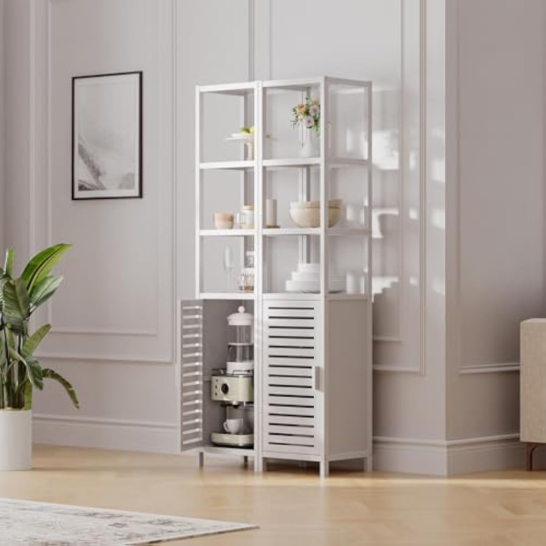 HITNET Bamboo Tall Bathroom Storage Cabinet | 6-Tier Linen Tower, White