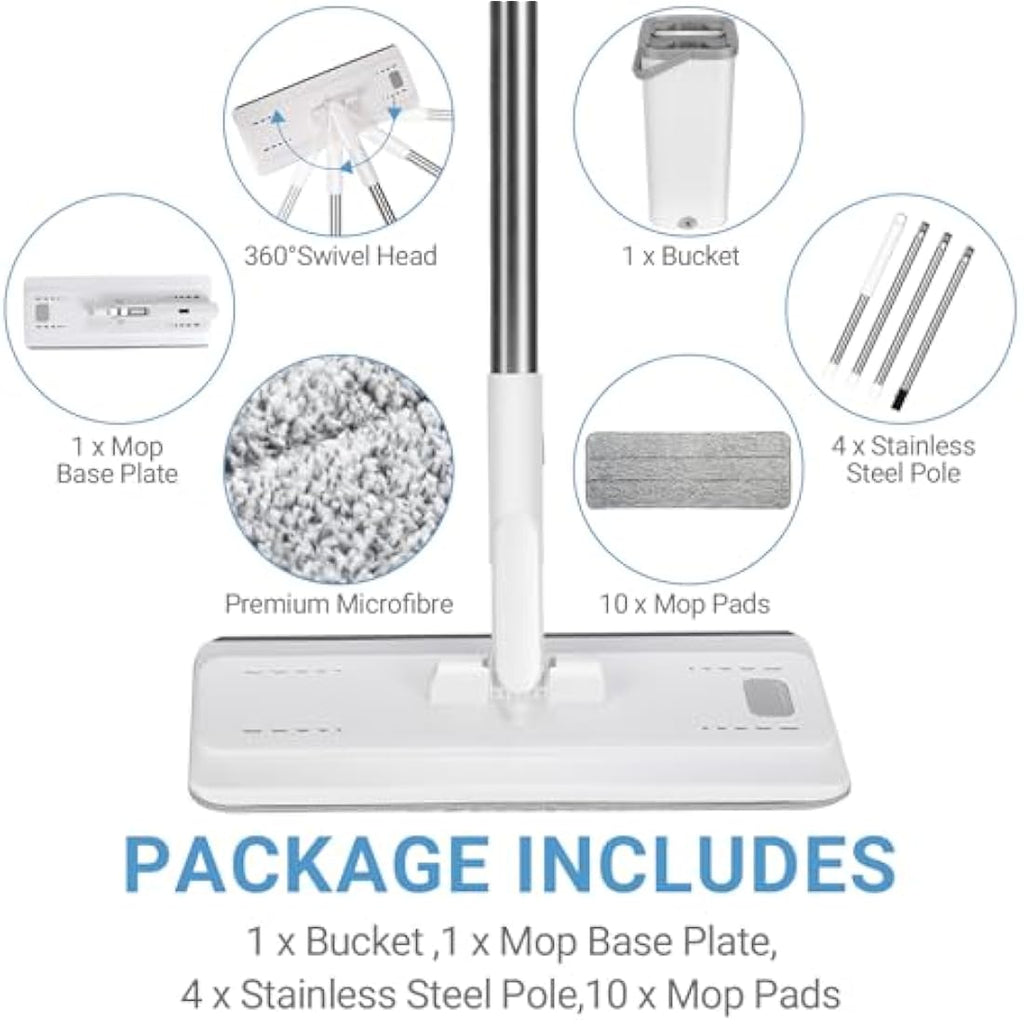 MASTERTOP Hands-Free Flat Mop and Bucket Set with 5 Microfibre Pads