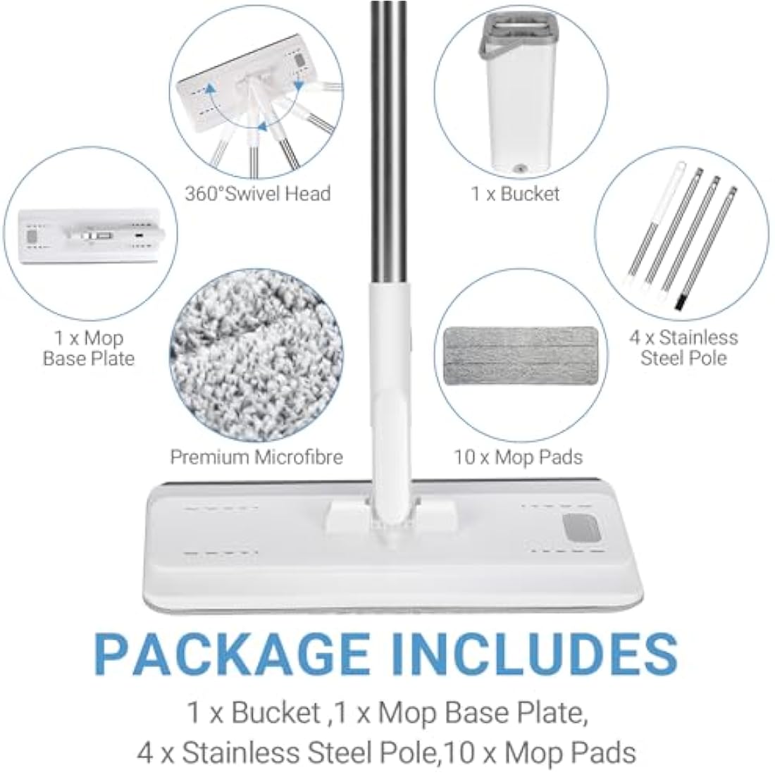 MASTERTOP Hands-Free Flat Mop and Bucket Set with 5 Microfibre Pads