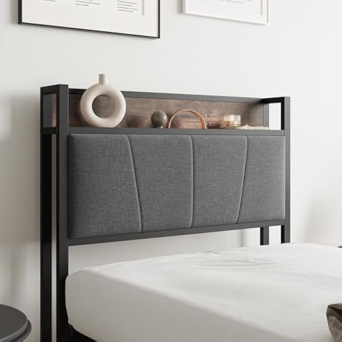 BORPHOM 3ft Single Metal Bed Frame with Storage Headboard & Upholstery
