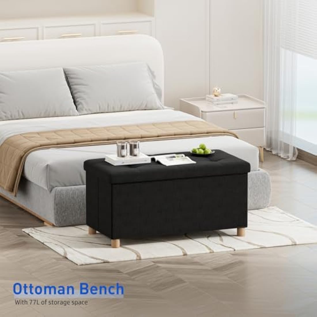 Jolof Store Linen Storage Ottoman – Foldable Black Foot Rest Stool