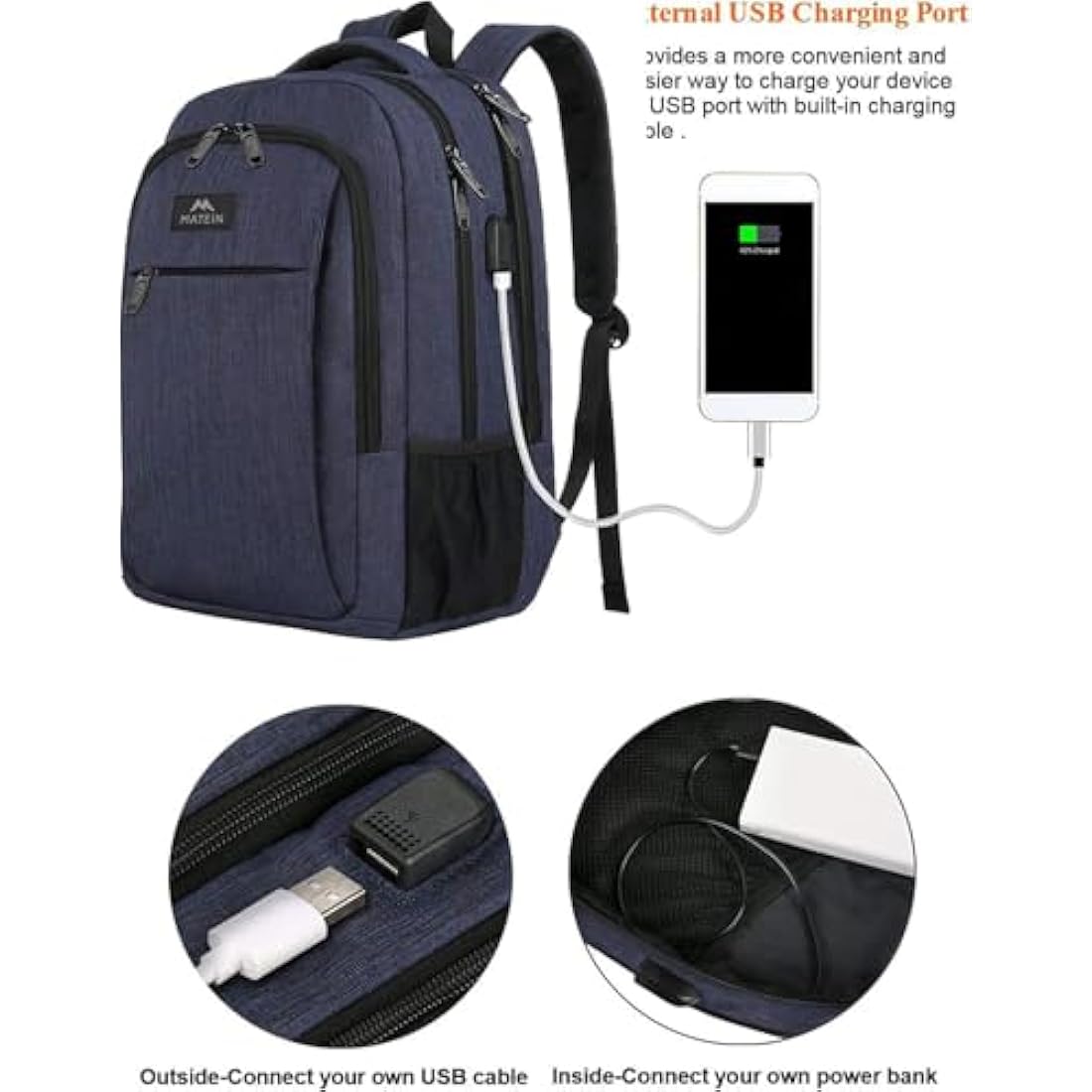 MATEIN 15.6" Travel Laptop Backpack | USB Charging & Anti-Theft - Navy