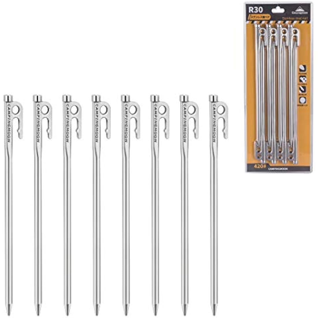 Jolof Store Heavy Duty Stainless Steel Tent Stakes for Camping – 8 Pack