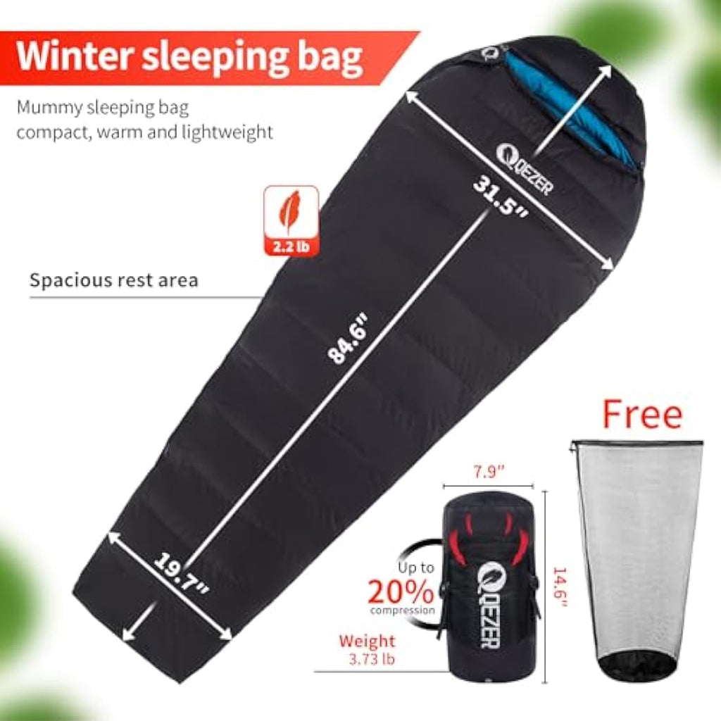 QEZER 4-Season Down Sleeping Bag | 620FP Duck Down Mummy Bag