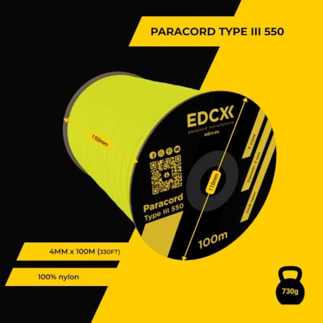 EDCX 550 Paracord – 4mm 7-Strand Nylon Rope for Camping & DIY, 15m