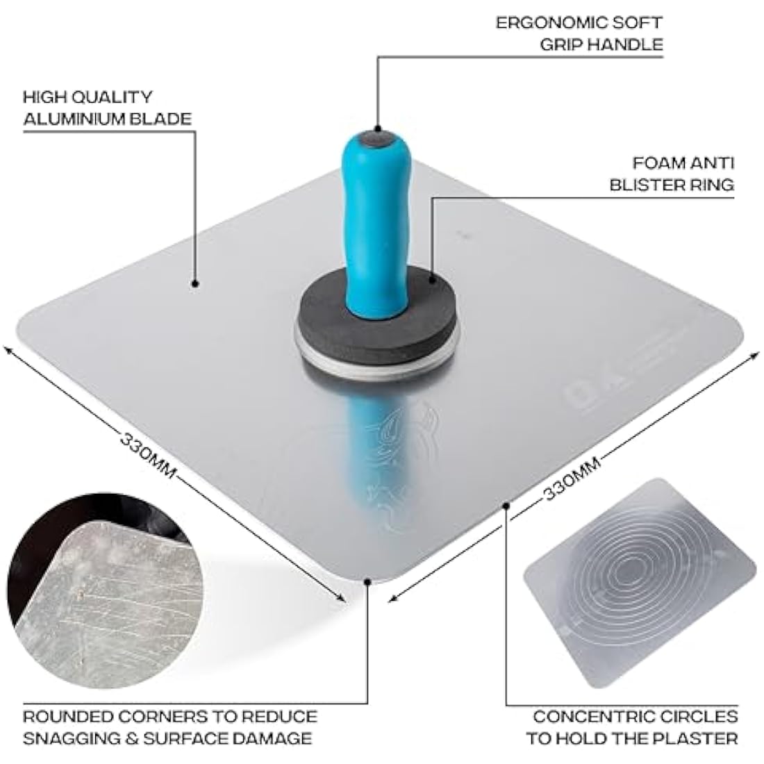 OX Pro Plastering Hawk – 13" x 13" Tempered Aluminium with Soft Grip