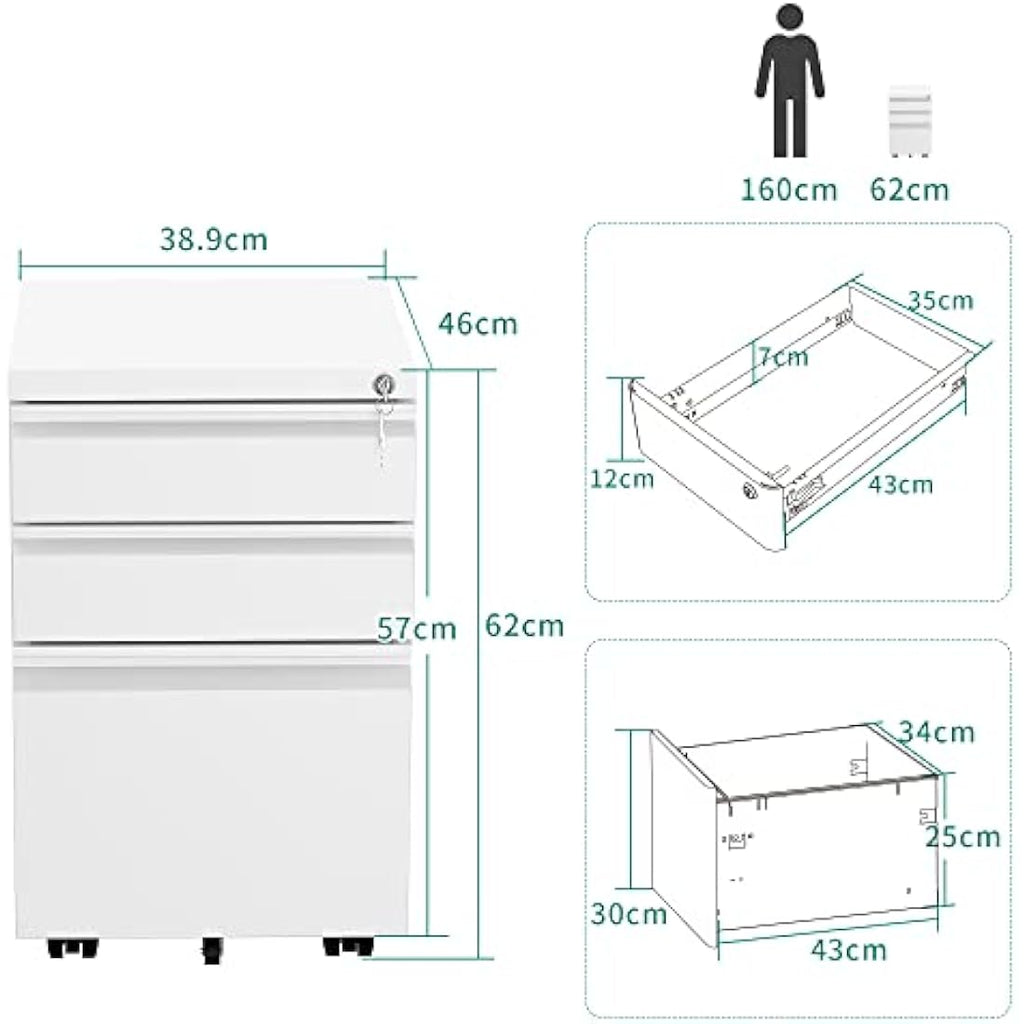 YITAHOME 3-Drawer Mobile File Cabinet | Lockable Steel Under Desk Storage