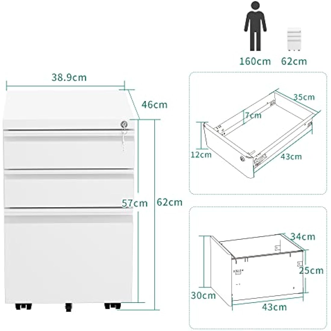 YITAHOME 3-Drawer Mobile File Cabinet | Lockable Steel Under Desk Storage