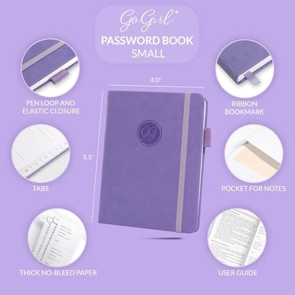 GoGirl Password Book with Alphabetical Tabs – Small Lavender Logbook