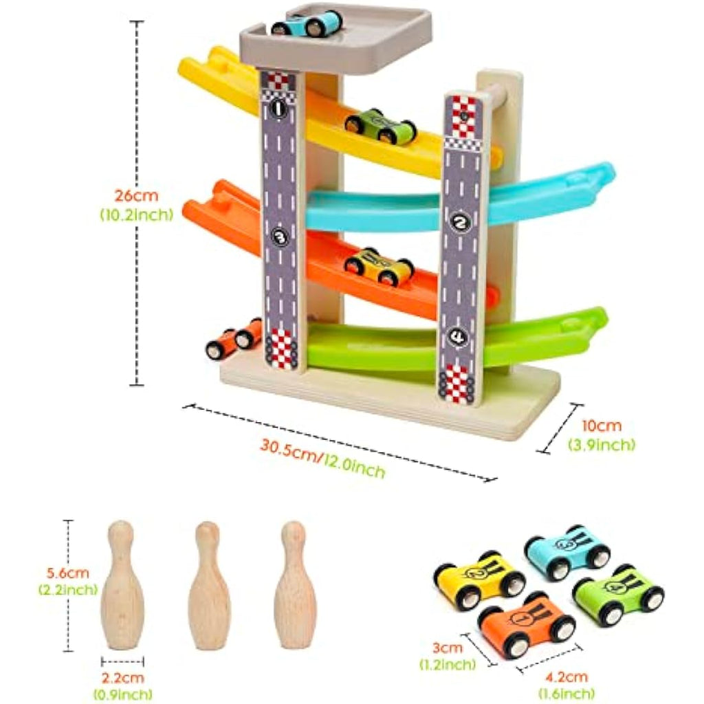 Wooden Car Ramp Race Track – Montessori Toy with 4 Cars