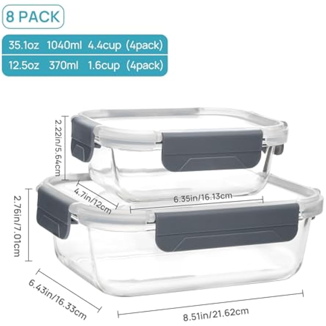 Vtopmart 8-Pack Borosilicate Glass Meal Prep Containers | Leak-Proof Lids