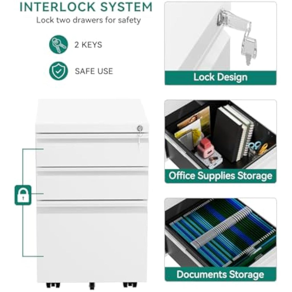 YITAHOME 3-Drawer Mobile File Cabinet | Lockable Steel Under Desk Storage