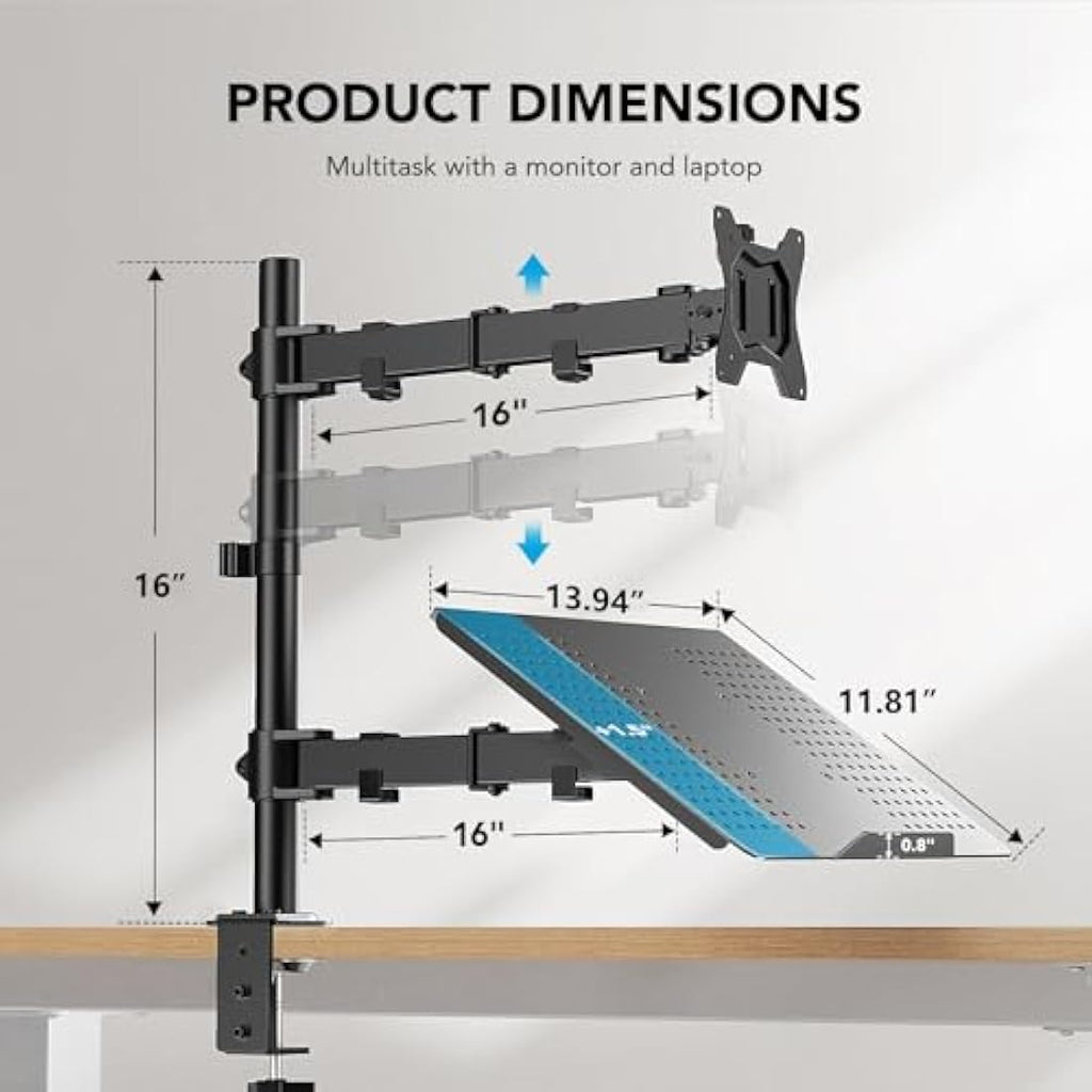 HUANUO Monitor Arm and Laptop Tray | Dual Desk Mount for 13-32" Screens