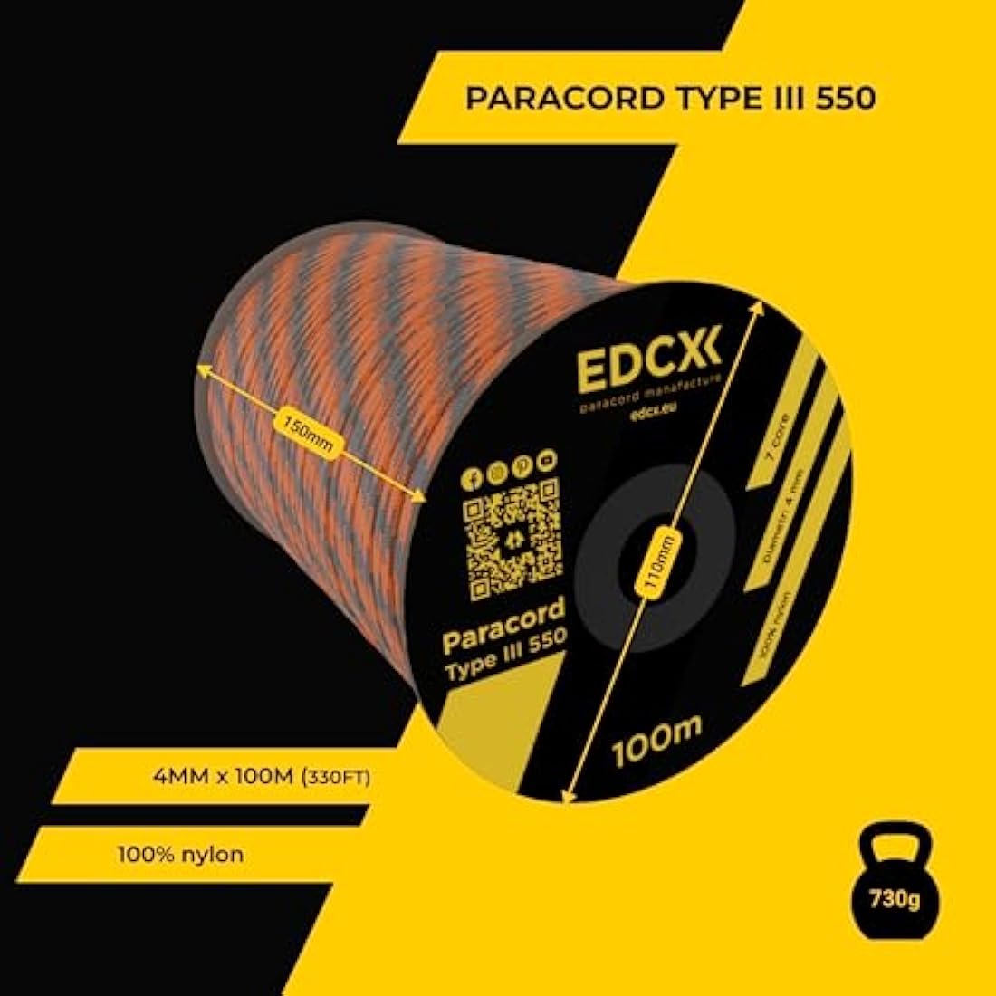 EDCX 550 Paracord – 4mm Type III 7-Strand Nylon Rope, 15m Spool