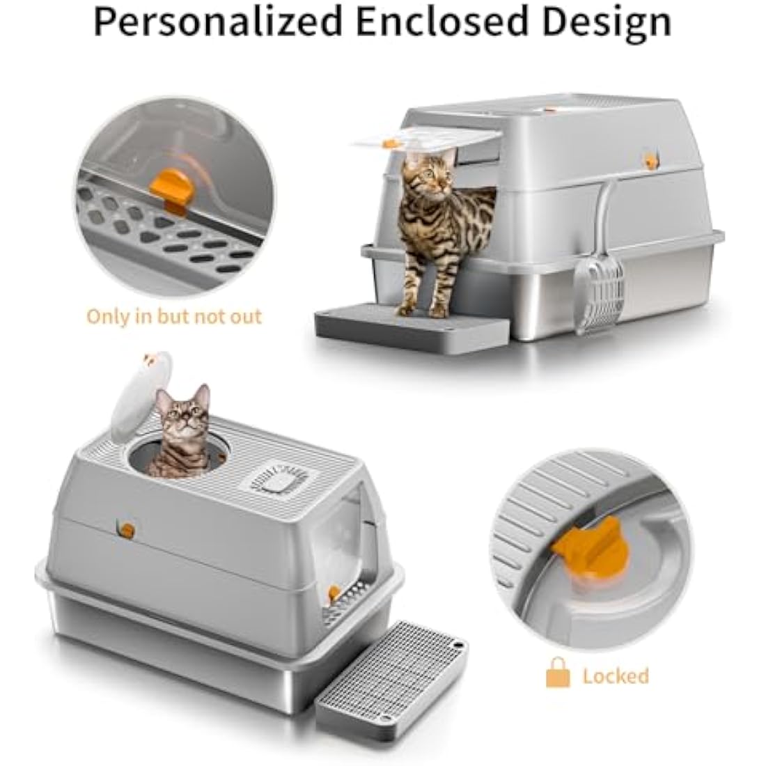 Eosarcu XXL Stainless Steel Cat Litter Box – Enclosed Odor Control Tray
