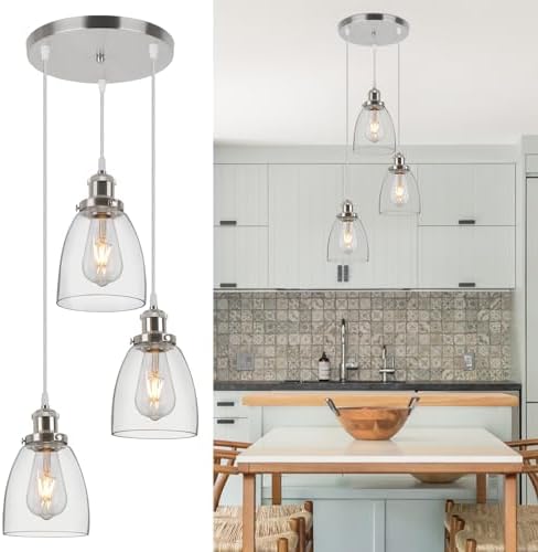 Jolof Store Industrial 3-Light Glass Pendant Light – Brushed Nickel Cone