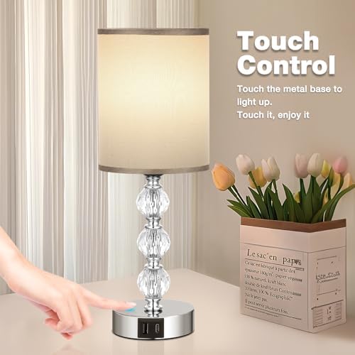 Aooshine Crystal Grey Touch Table Lamp | 3-Way Dimmable with USB C+A Ports