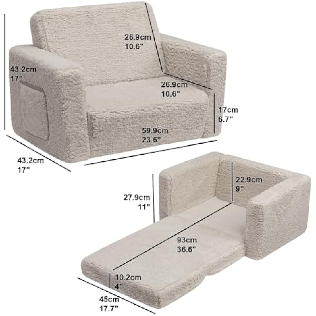 BEJOY 2-in-1 Kids Sofa Bed – Sherpa Toddler Couch & Flip Out Lounger
