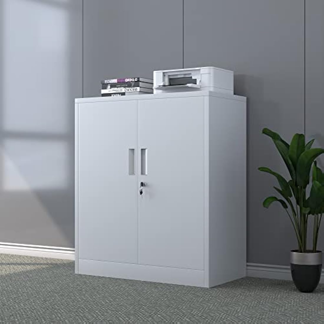 iJINGUR Metal Storage Cabinet | Locking 2-Shelf Small Office Cupboard, White