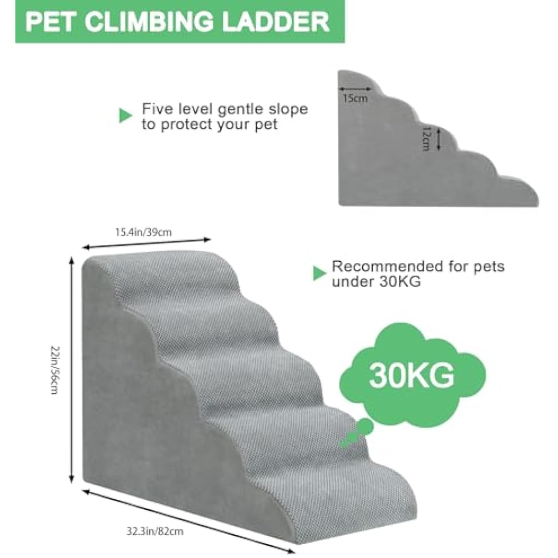 LIANTRAL 5-Step Foam Dog Stairs | Non-Slip Pet Ramp for High Beds, Grey