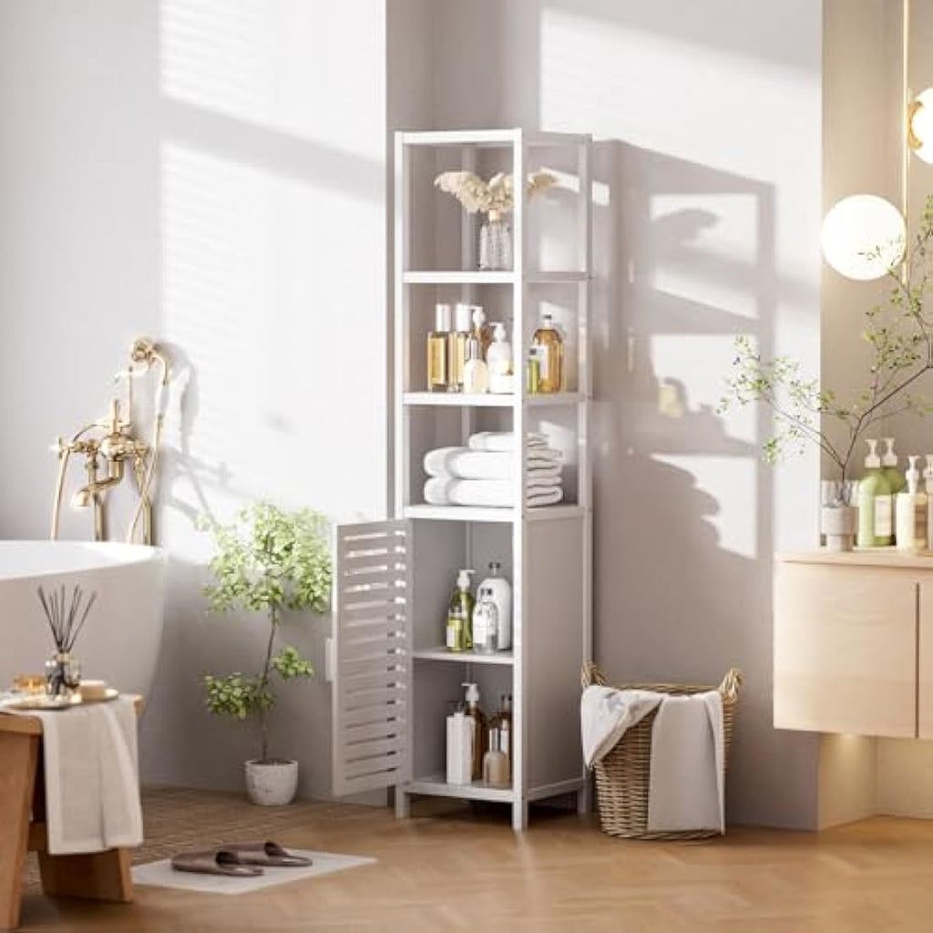 HITNET Bamboo Tall Bathroom Storage Cabinet | 6-Tier Linen Tower, White