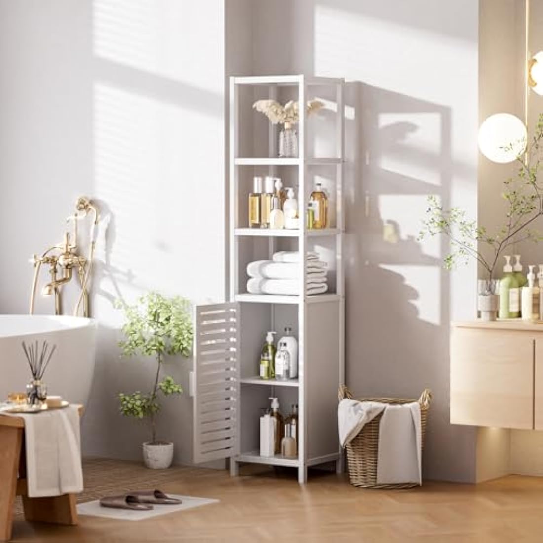 HITNET Bamboo Tall Bathroom Storage Cabinet | 6-Tier Linen Tower, White