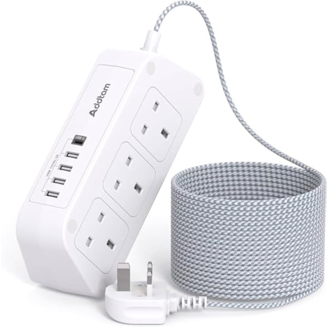 Addtam Extension Lead with 6 Outlets and 5 USB Ports – 3M Braided Cord