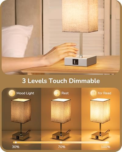EDISHINE Touch Bedside Lamps Set of 2 | 3-Way Dimmable with USB A+C