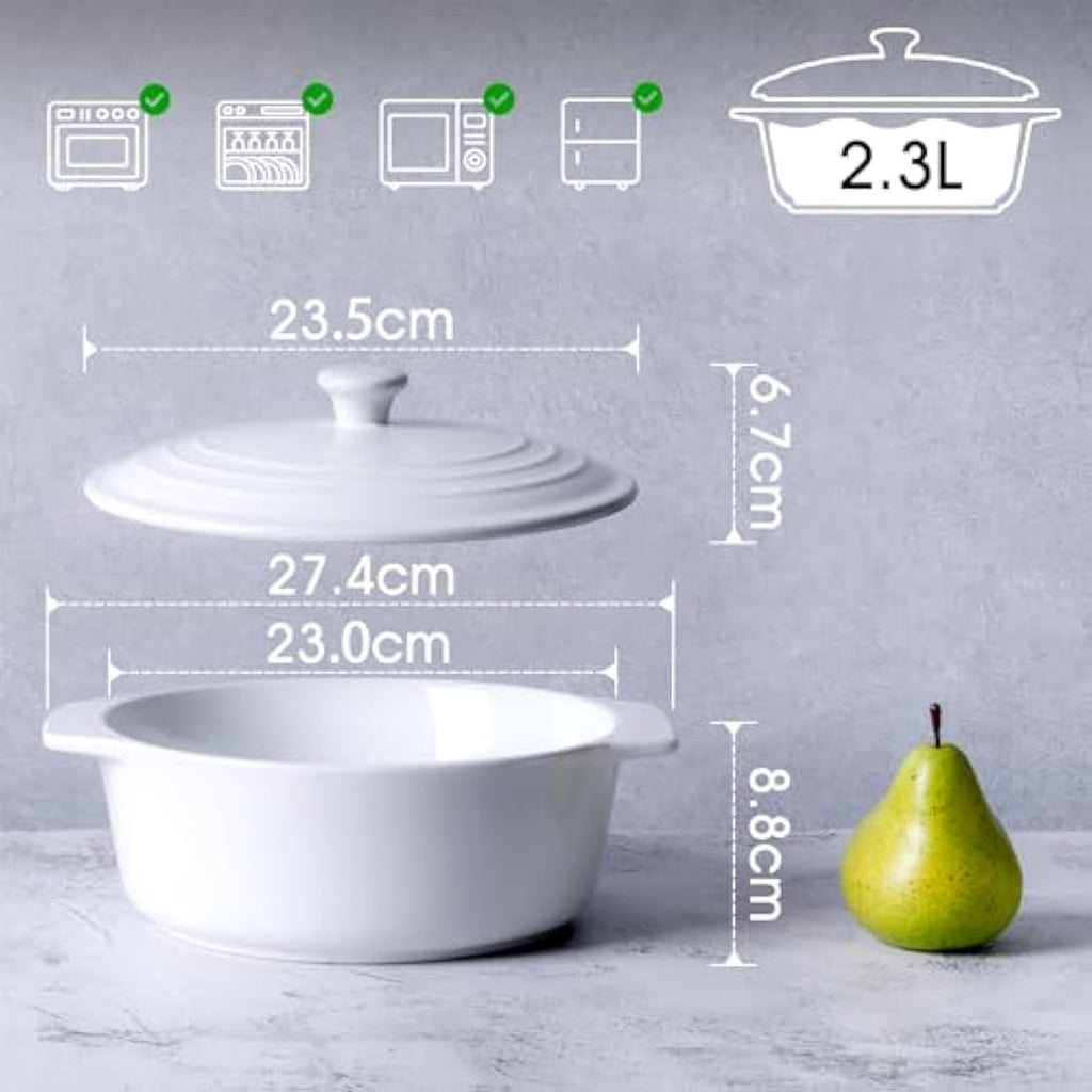 NUTRIUPS 23cm Ceramic Round Casserole Dish with Lid – White Stoneware