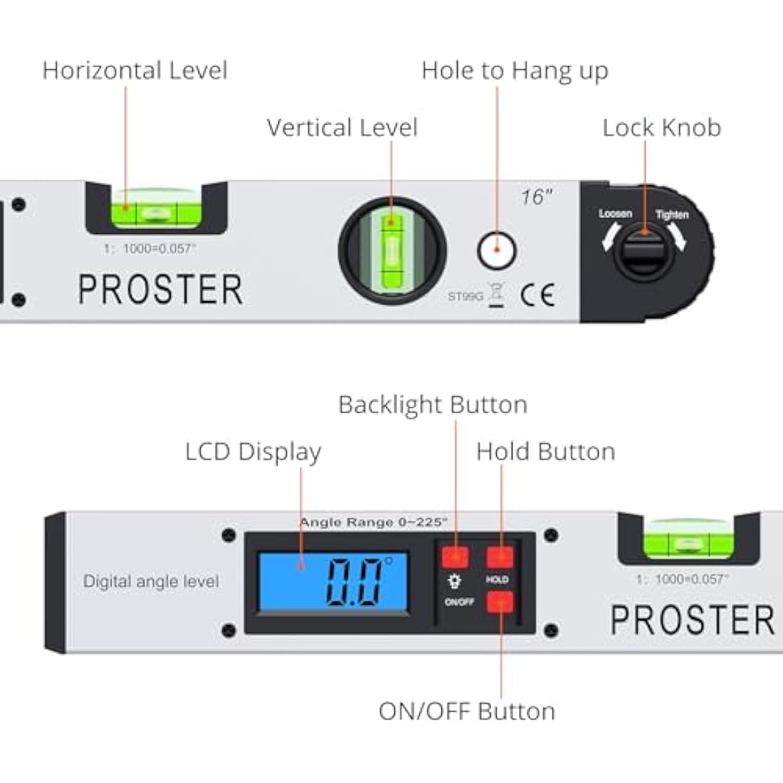 Proster 16" Digital Angle Finder | 0-225° Protractor with Spirit Levels