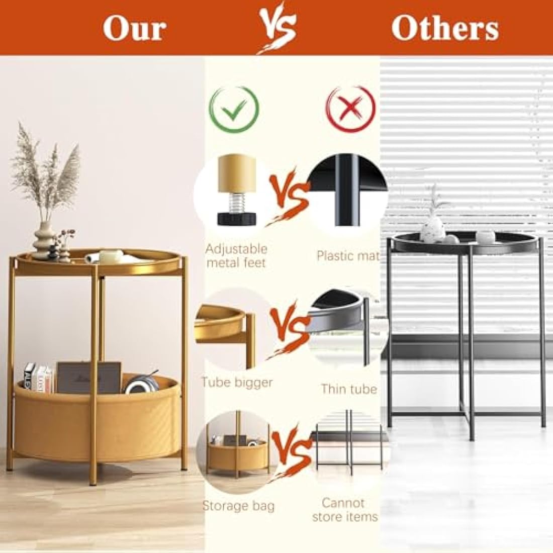 Huhote Round Side Table – Metal End Table with Storage Basket, Gold