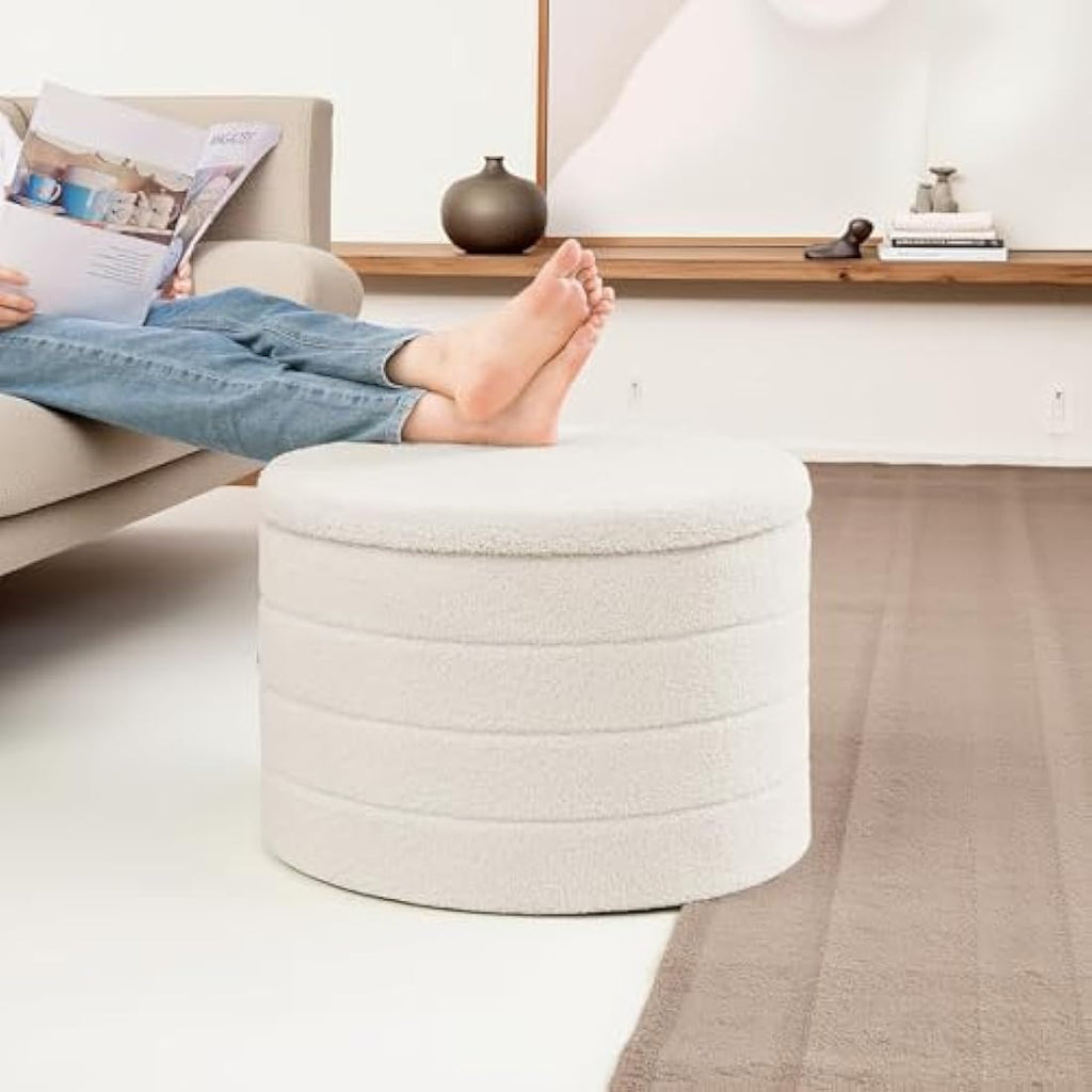 Bonlife Round Storage Ottoman – White Boucle Folding Coffee Table Stool
