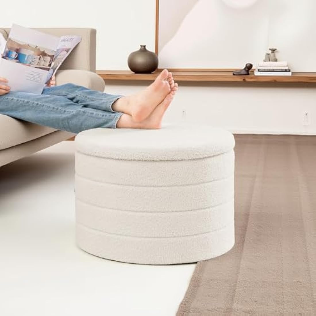 Bonlife Round Storage Ottoman – White Boucle Folding Coffee Table Stool