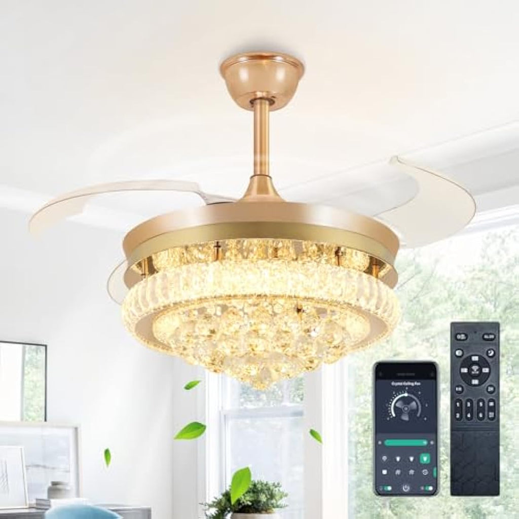 Depuley 42" Smart Crystal Ceiling Fan – Retractable Dimmable Fandelier