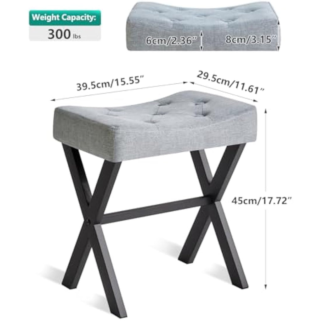 IBUYKE U-Shaped Linen Vanity Stool – Blue Gray Square Makeup Ottoman