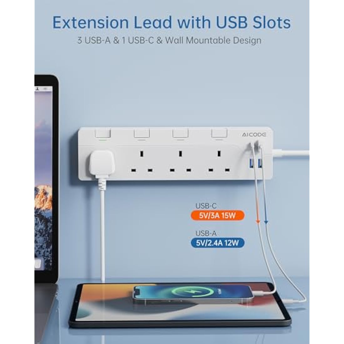 AICODE 4-Way Extension Lead with USB-C | 1.5M Surge Protected Power Strip