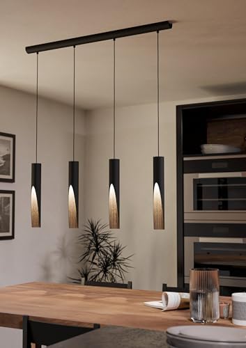 Eglo Barbotto 4-Light LED Pendant – Black Metal & Oak Wood Look